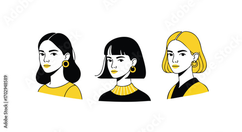 Three stylish women with modern hairstyles and bold earrings, embodying confident fashion and individuality
