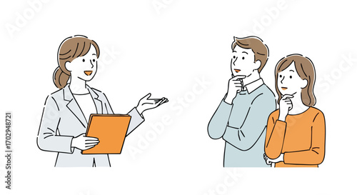 Confident advisor explains options to thoughtful couple considering important decisions together