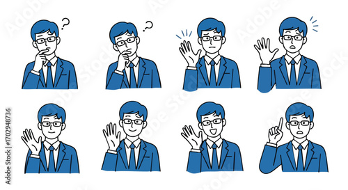 Diverse businessman character set expressing thoughts, greetings and insights in blue suit