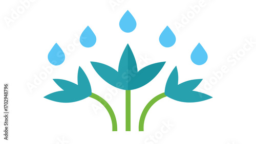 Teal Rain Lily Blossoms Green Stems Blue Raindrops Flat Vector