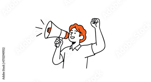 Enthusiastic person announces news with megaphone and raised fist, conveying energy and motivation
