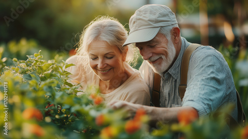 Joyful elderly couple gardening in greenhouse, warm sunlight, positive retirement lifestyle