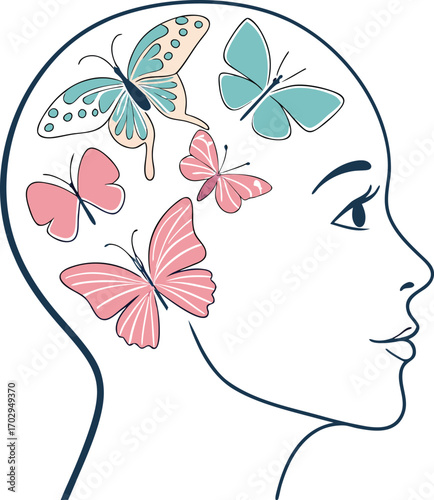 Brain with butterflies, mental health and wellness concept