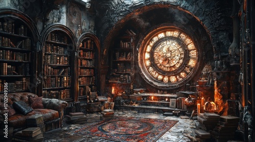 Fire-damaged library with stained-glass window.