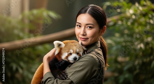 Woman holding a red panda, wildlife conservation, adorable animal, nature photography