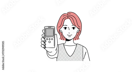 Engaging woman proudly presents new mobile device, showcasing modern technology with a friendly smile.