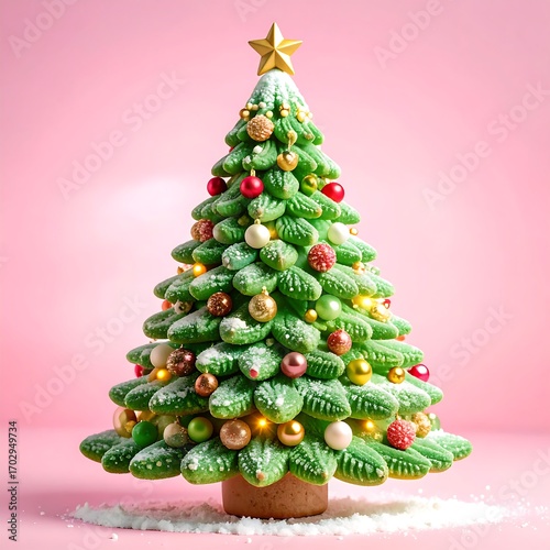 Green Christmas tree, decorated with colorful ornaments and lights, sits on a pink background