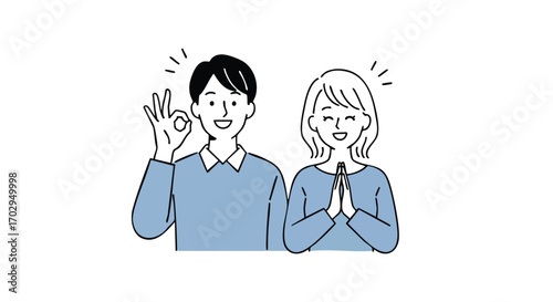 Joyful couple expresses gratitude and approval with happy smiles and positive gestures