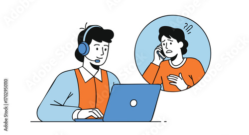 Friendly customer service agent helping stressed client with problems using modern online support tools