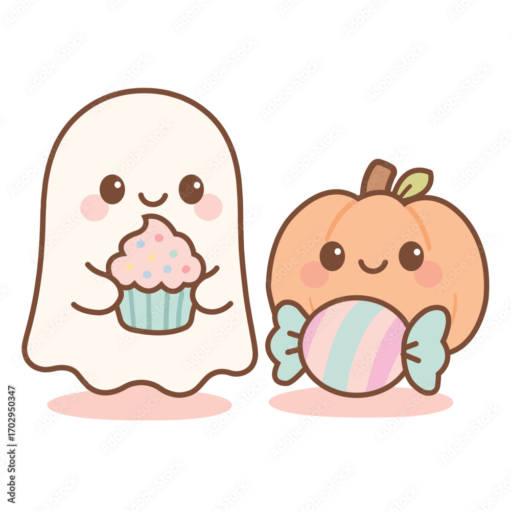 Fototapeta premium Cute Kawaii Halloween Ghost with Cupcake and Pumpkin with Candy Vector Illustration – Adorable Spooky Cartoon Character Design
