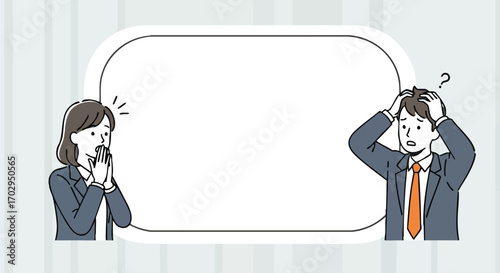 Shocked colleagues react to surprising news with worried expressions, a blank space for text