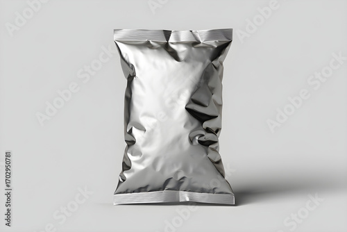 Silver foil snack bag with crimped edges on light gray background food