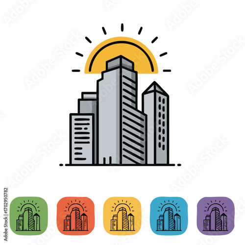 Minimalist line art icon of a modern urban cityscape with sleek skyscrapers and contemporary buildings under a warm rising sun.
