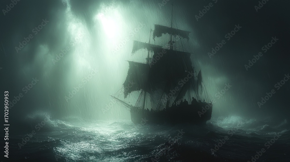 Fototapeta premium Ghost ship sailing in stormy sea at night.