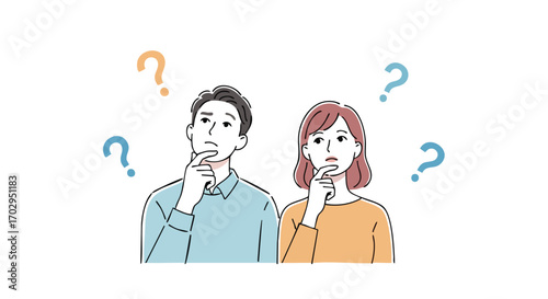 Couple pondering important questions with curious expressions and thought bubbles
