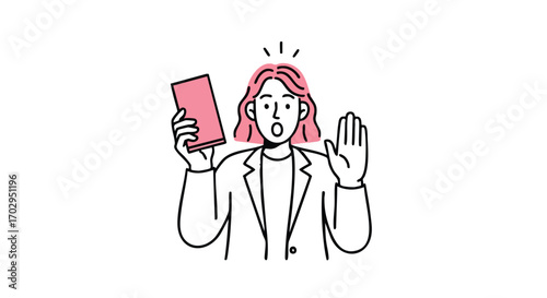 Shocked businesswoman holding pink card and raising hand in surprise, conveying urgent warning or disapproval