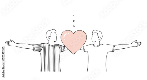 Two men sharing a large pink heart with open arms, symbolizing connection and support