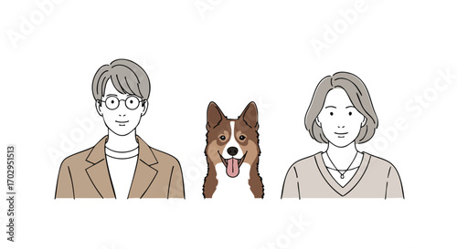 Couple and their adorable Pembroke Welsh Corgi dog smiling warmly together, family love illustration