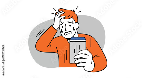 Stressed man panicking over mobile phone notification, feeling overwhelmed by digital overload