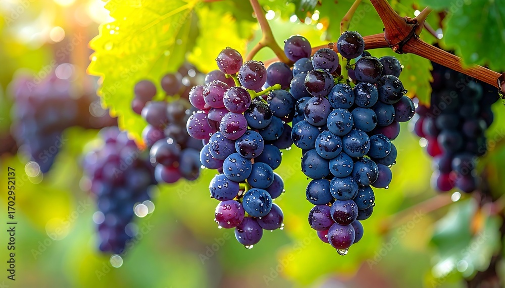 Naklejka premium Clusters of ripe, dark purple grapes hanging from vines