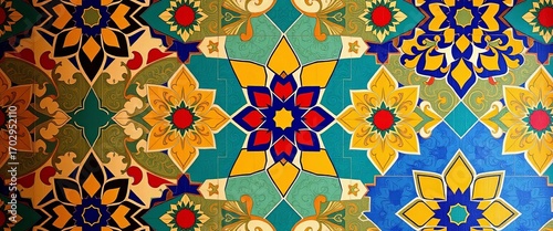 Intricate geometric patterns in vibrant colors, characteristic of Alhambra palace tilework, geometric, culture