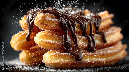 Tempting pile of warm, sugar-coated churros with rich, dark chocolate sauce being drizzled over them against a dramatic, dark black background.