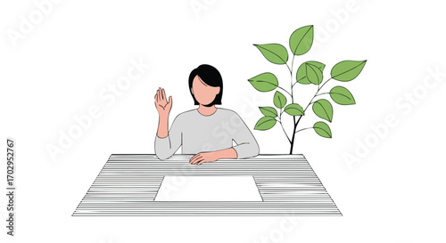 Friendly person waving hello from desk with green plant, bright modern workspace greeting