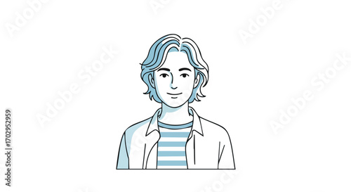 Modern young man with wavy hair smiling confidently in casual stylish attire