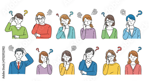Diverse people express confusion and contemplation with question marks above their heads