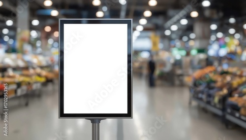 Mock up blank price board poster sign display with supermarket aisle abstract background