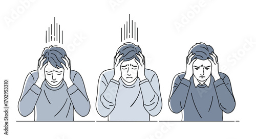Feeling overwhelmed and stressed out three young men suffering from depression and anxiety holding heads