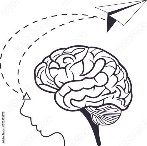 Human brain with paper airplane, creative mind concept