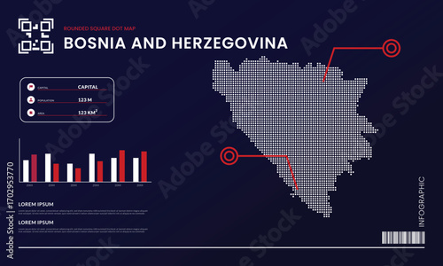 Rounded square dot map of Bosnia and Herzegovina with infographic presentation template use for design element
