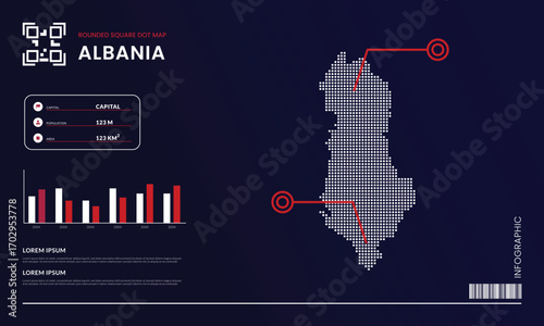 Rounded square dot map of Albania with infographic presentation template use for design element
