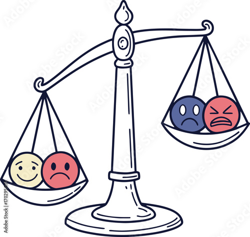 Scales of justice with happy and sad faces, balance of emotions