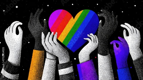 Diverse hands holding rainbow heart illustration