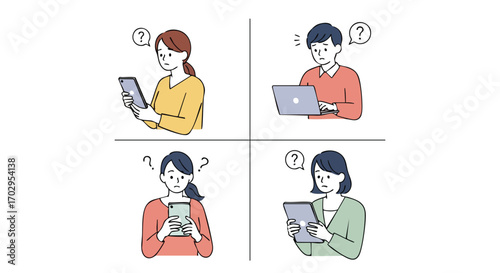 Confused people seeking answers while using digital devices, representing common problems