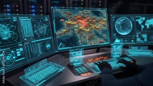 Futuristic global network monitoring center, digital data analysis and strategic command