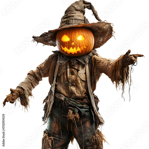 Stock photo of Scarecrow glowing pumpkin head white isolated background. Clean background and simple style with natural light and clear detail for web and print. Simple photo for stock use with clear 