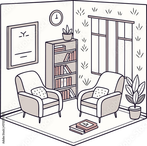 Therapy room with chairs and bookshelf illustration