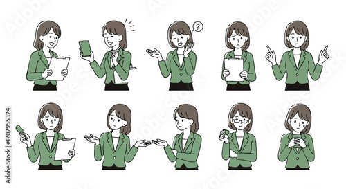 Professional businesswoman expresses diverse emotions and actions in a modern office setting for presentations
