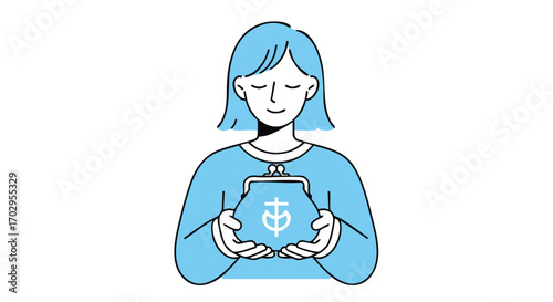 Smiling woman gently holding a blue purse with a currency symbol, representing financial security and savings