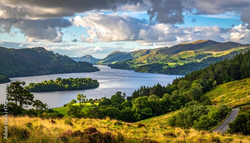 Panoramic Vista of Lake Ullswater Surrounded by Rolling Hills and Lush Greenery