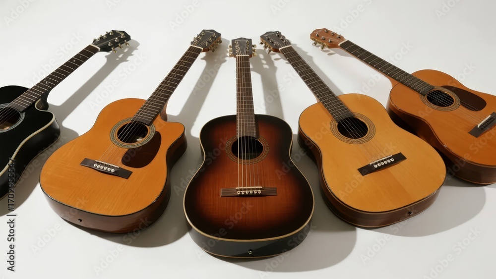Fototapeta premium Five acoustic guitars arranged in a row on a neutral background