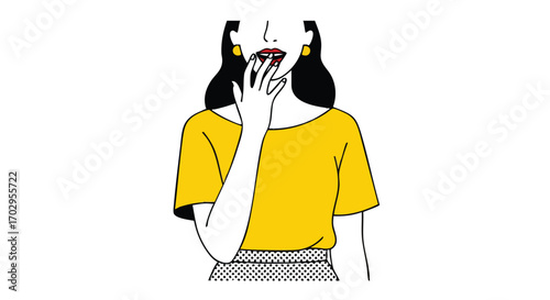 Stylish woman with vibrant red lipstick touches her lips, conveying confidence and allure.