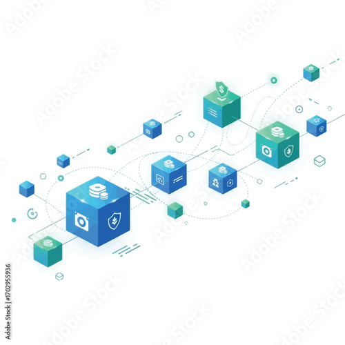 Abstract illustration of interconnected blue and green cubes representing a network or blockchain technology.