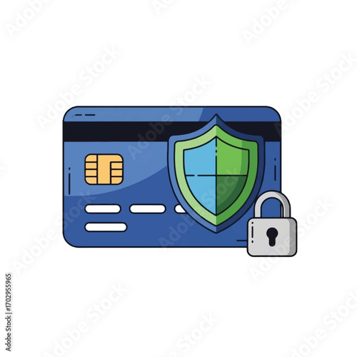 A stylized illustration of a credit card, shield, and lock, representing online payment security.