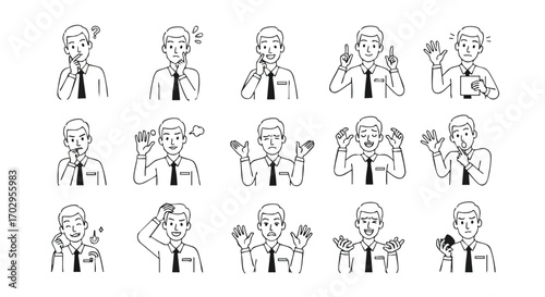 Professional man's diverse emotions and gestures captured in clean, modern line art for business communication