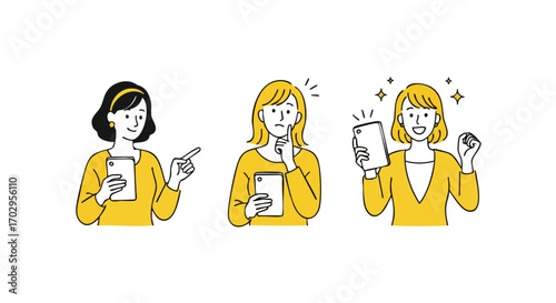 Woman showing different emotions while using smartphone, pointing, thinking, celebrating success