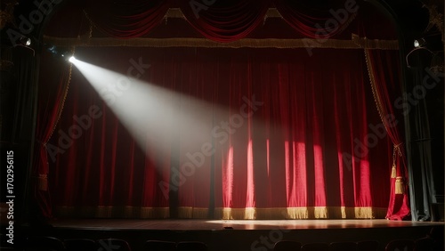 Spotlight illuminating an empty stage with closed red curtains in a theater